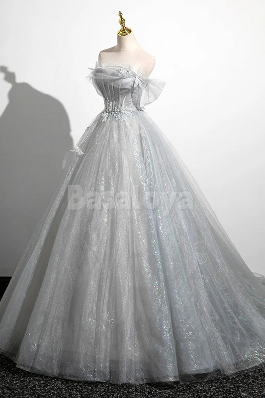 SP0168 Luxury Silver Tube Top A-Line Appliques Ball Gown Prom Dress with Pearls