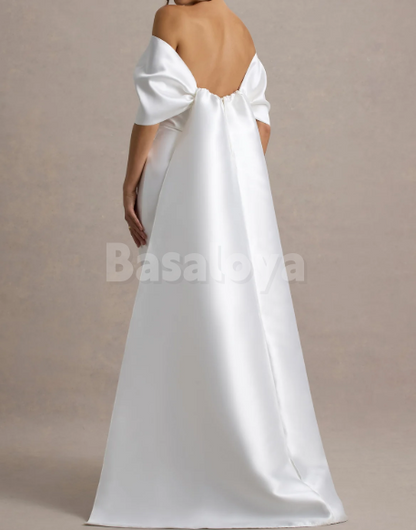 WD0174 Chic White Strapless Bodycon Satin Wedding Dress with Bow Overskirt