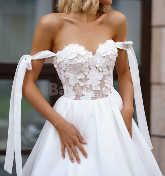 WD0167 Luxury 3D Floral White Off-Shoulder A-Line Short Boho Wedding Dress