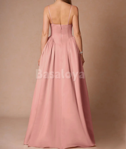 SP0244 Graceful Pink Spaghetti Straps A-Line Satin Prom Dress Party Gown