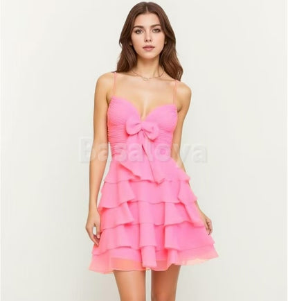 HM0053 Elegant Pink Spaghetti Straps A-Line Tiered Party Gown with Bow