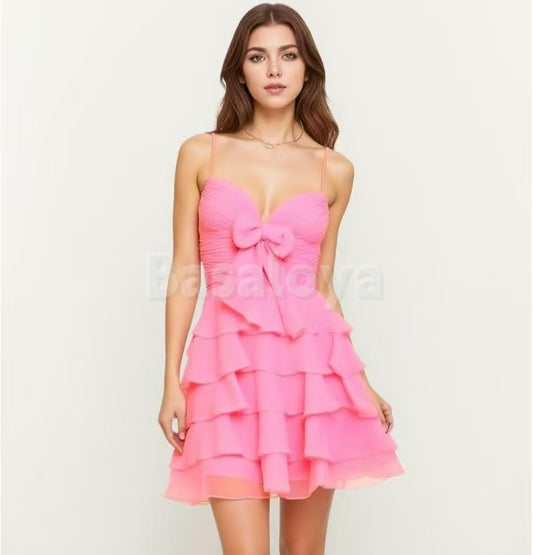 HM0053 Elegant Pink Spaghetti Straps A-Line Tiered Party Gown with Bow