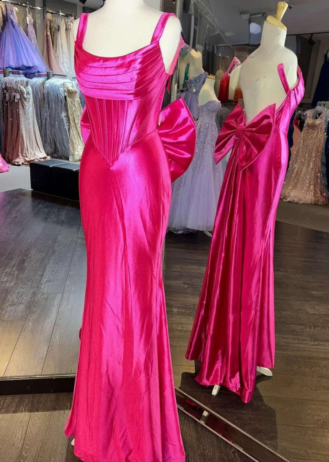 SP0226 Elegant Fuchsia Scoop Neck Mermaid Long Prom Dress with Bow