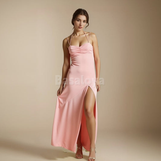 SP0073 Simple Pink Spaghetti Straps Maxi Dress Prom Dress with Slit