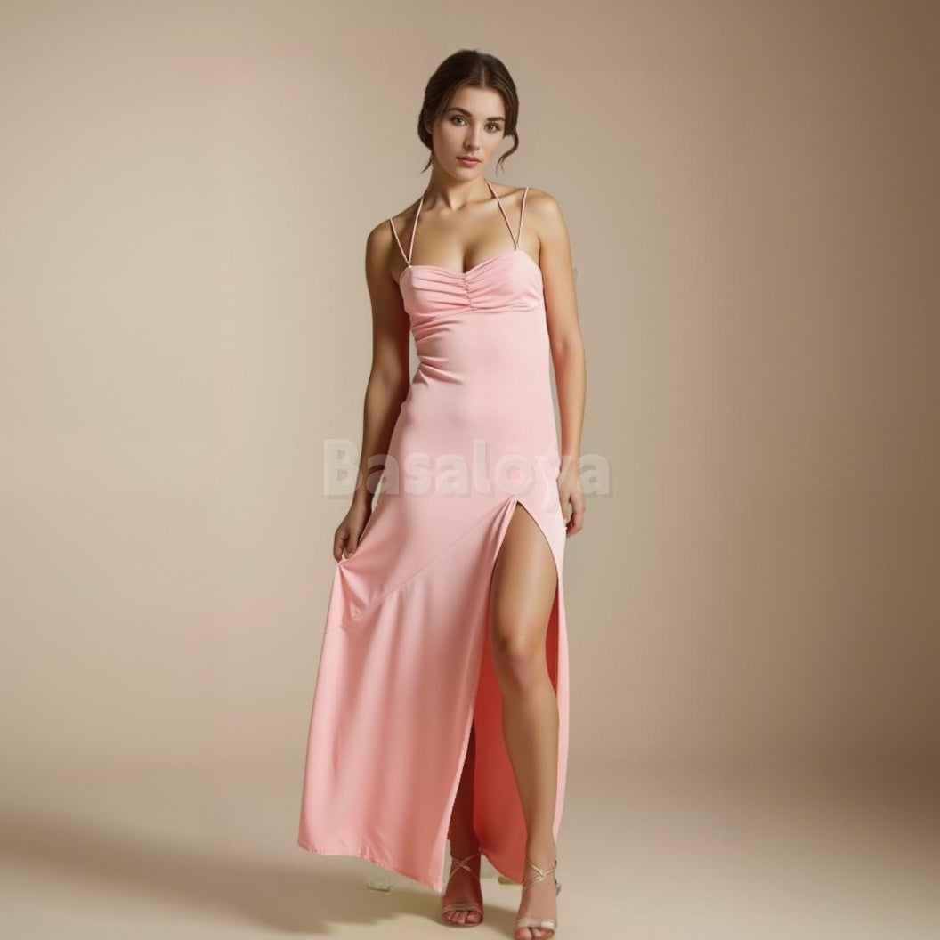 SP0073 Simple Pink Spaghetti Straps Maxi Dress Prom Dress with Slit