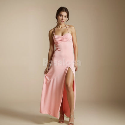 SP0073 Simple Pink Spaghetti Straps Maxi Dress Prom Dress with Slit