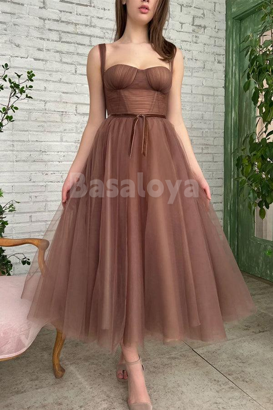 SP0198 Elegant Brown Sweetheart A-Line Pleats Prom Party Gown with Bow