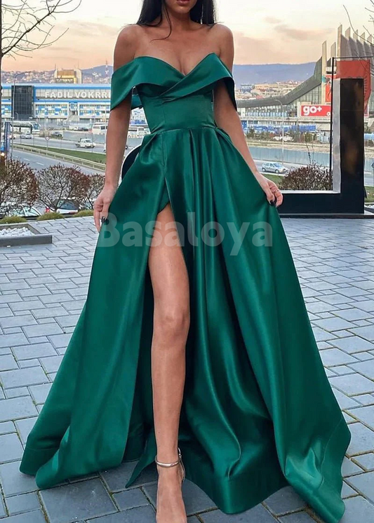SP0173 Simple Black Off-Shoulder A-Line Pleated Prom Dress with Side Slit