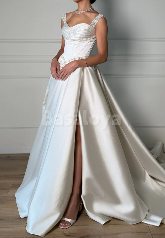 WD0172 Glamorous Pearls Sweetheart A-Line Bridal Wedding Dress with Slit