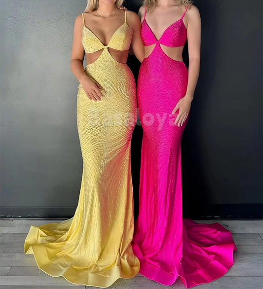 SP0146 Sexy Fuchsia V-Neck Bodycon Beaded Prom Dress Party Gown