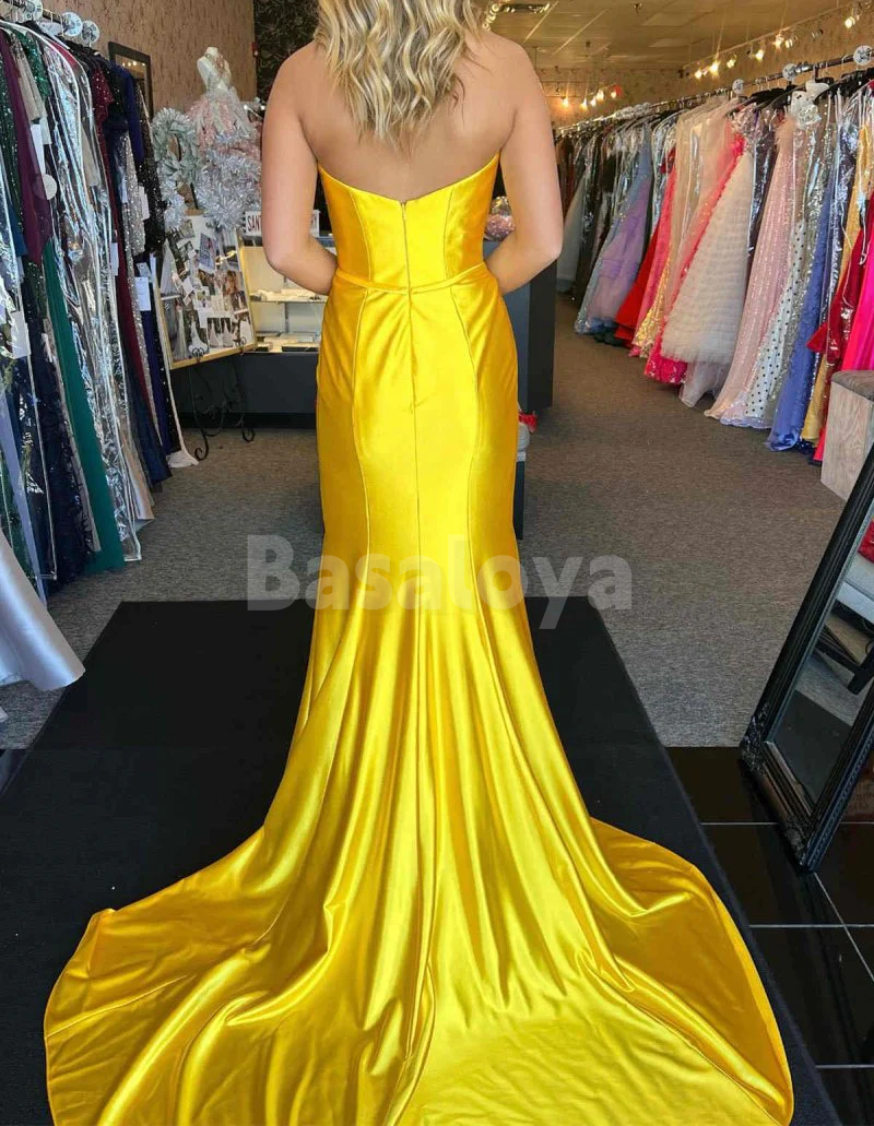 SP0239 Stunning Bow Gold Strapless Sheath Prom Dress Evening Gown with Train