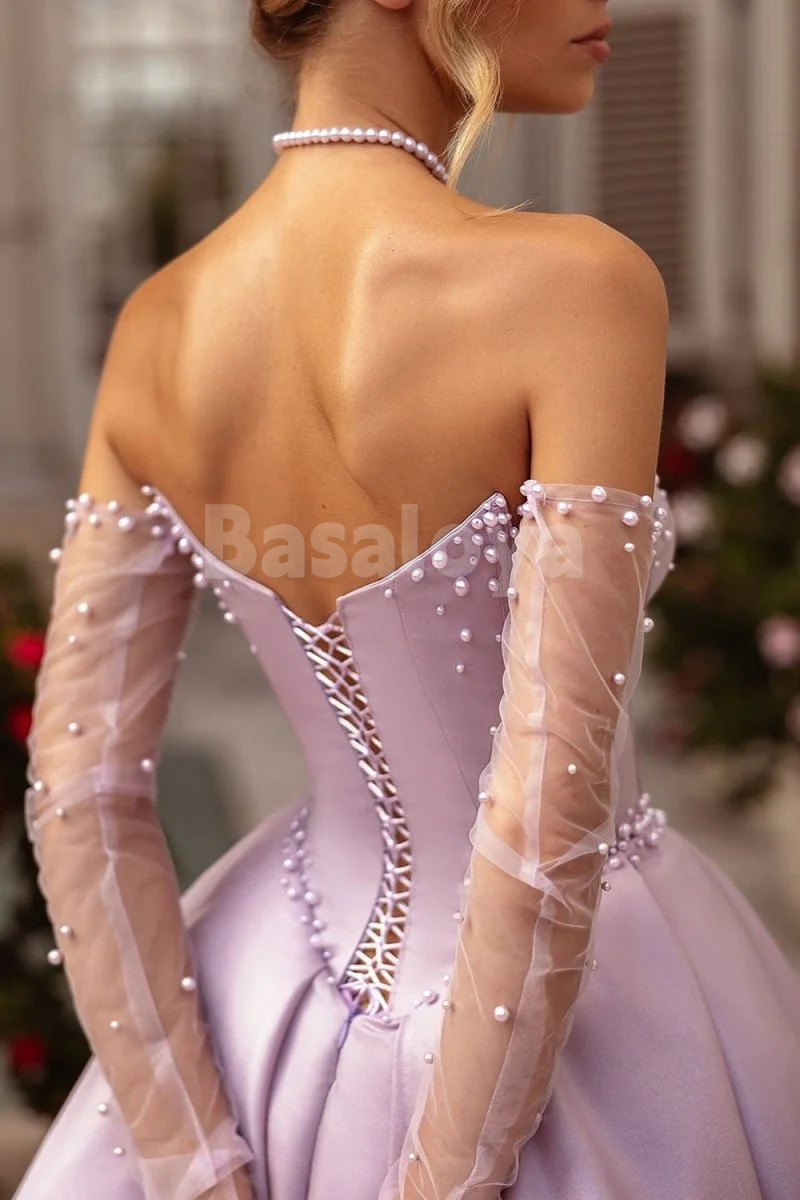 SP0144 Elegant Pearls Lilac Long Sleeves A-Line Prom Dress with Slit