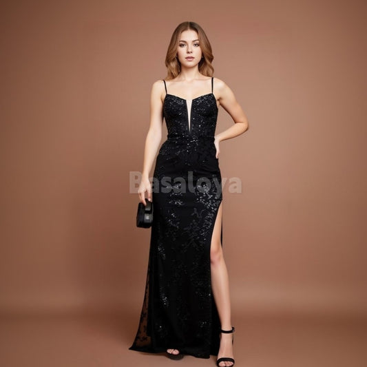 SP0027 Elegant Black Spaghetti Straps Sheath Appliques Prom Dress with Slit