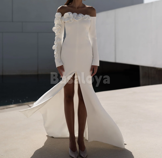 WD0164 Graceful 3D Floral White Long Sleeves Mermaid Wedding Dress with Slit