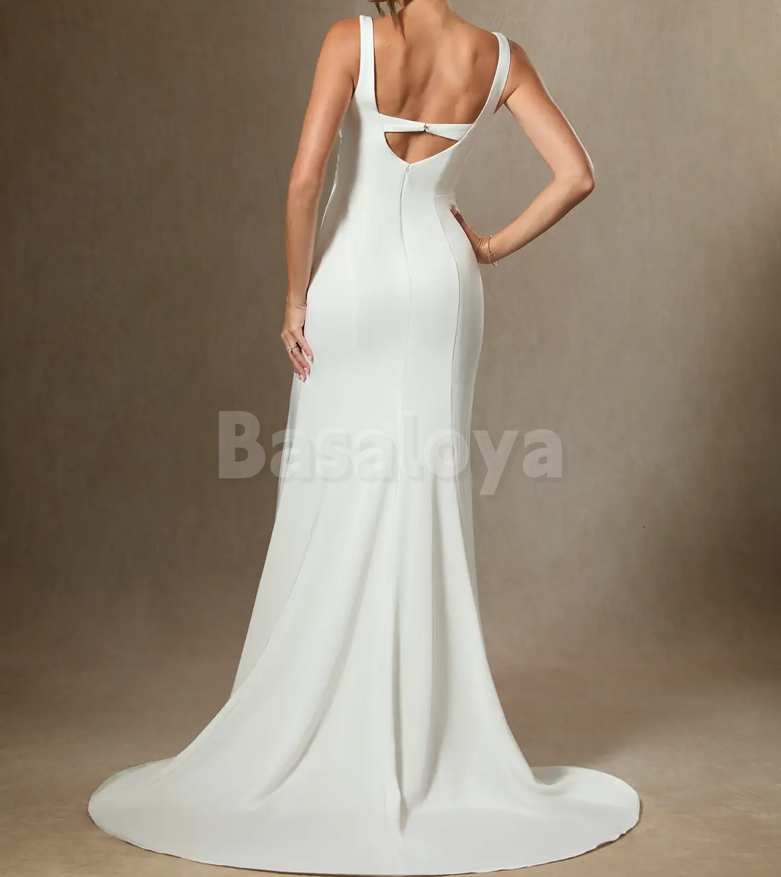WD0094 Simple White V-Neck Sheath Beach Wedding Dress with Slit Boho Gown