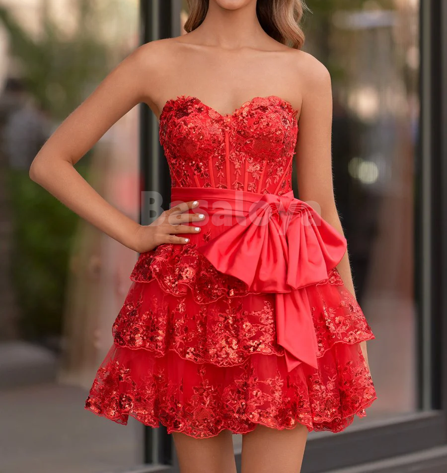 HM0003 Luxury Corset Red Sequin Appliques Short Party Dress with Bow