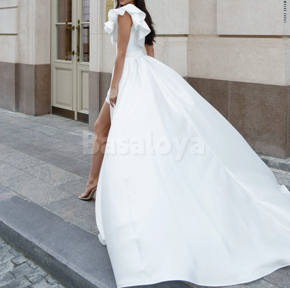 WD0158 Luxury 3D Floral One Shoulder Bodycon Wedding Dress with Overskirt