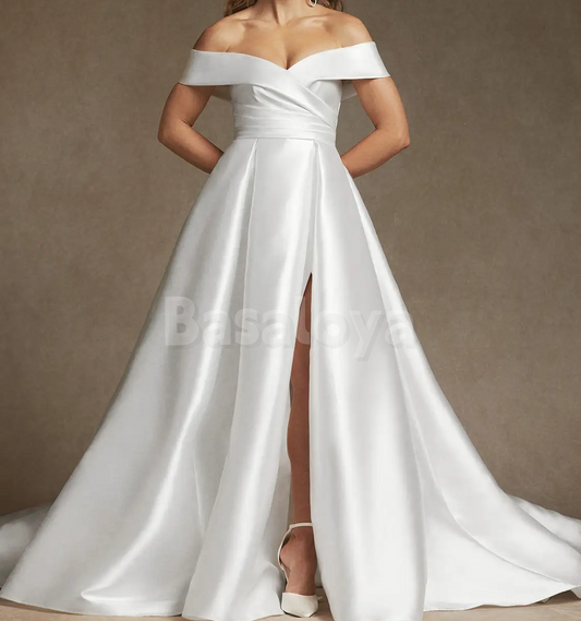 WD0093 Elegant White Off-Shoulder A-Line Bridal Wedding Gown with Slit