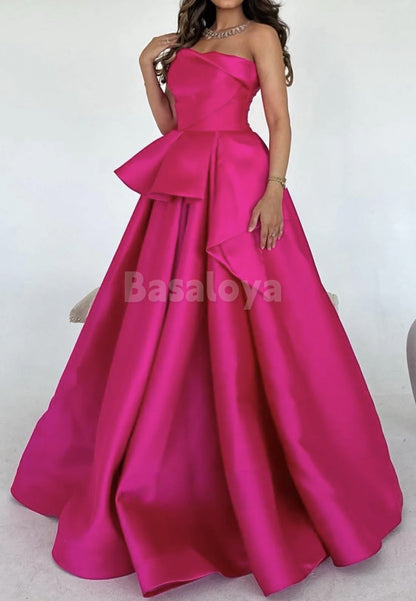 SP0084 Elegant Fuchsia Tube Top A-Line Pleated Satin Ball Gown Prom Dress