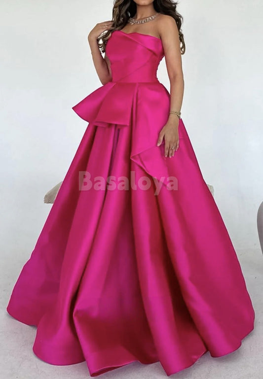 SP0084 Elegant Fuchsia Tube Top A-Line Pleated Satin Ball Gown Prom Dress