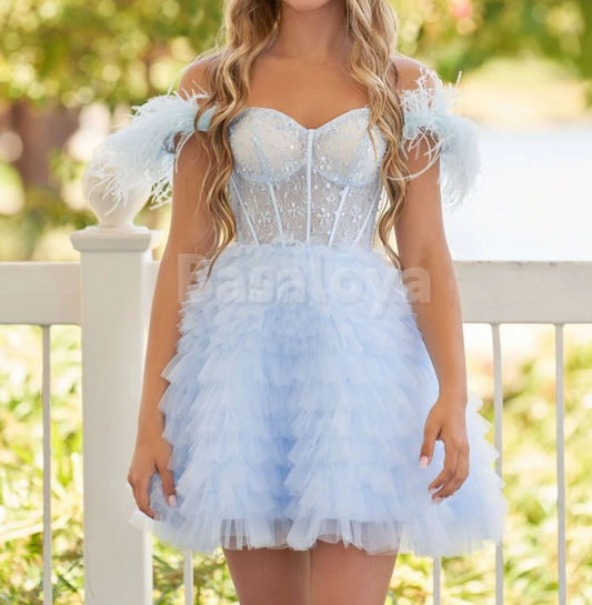 HM0097 Luxury Light Blue Feathers Off-Shoulder A-Line Tiered Party Gowns