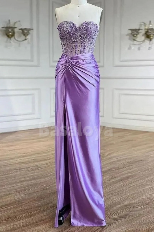 SP0228 Luxury Beaded Lilac Sweetheart Sheath Prom Party Gown with Slit