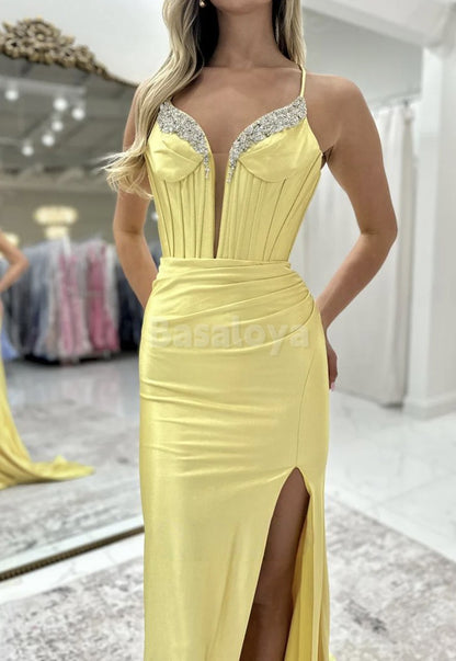 SP0100 Elegant Black Spaghetti Straps Sheath Beaded Prom Dress Formal Gown