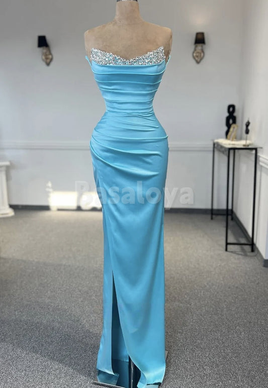 SP0107 Elegant Crystal Blue Tube Top Sheath Ruched Prom Party Dress with Slit