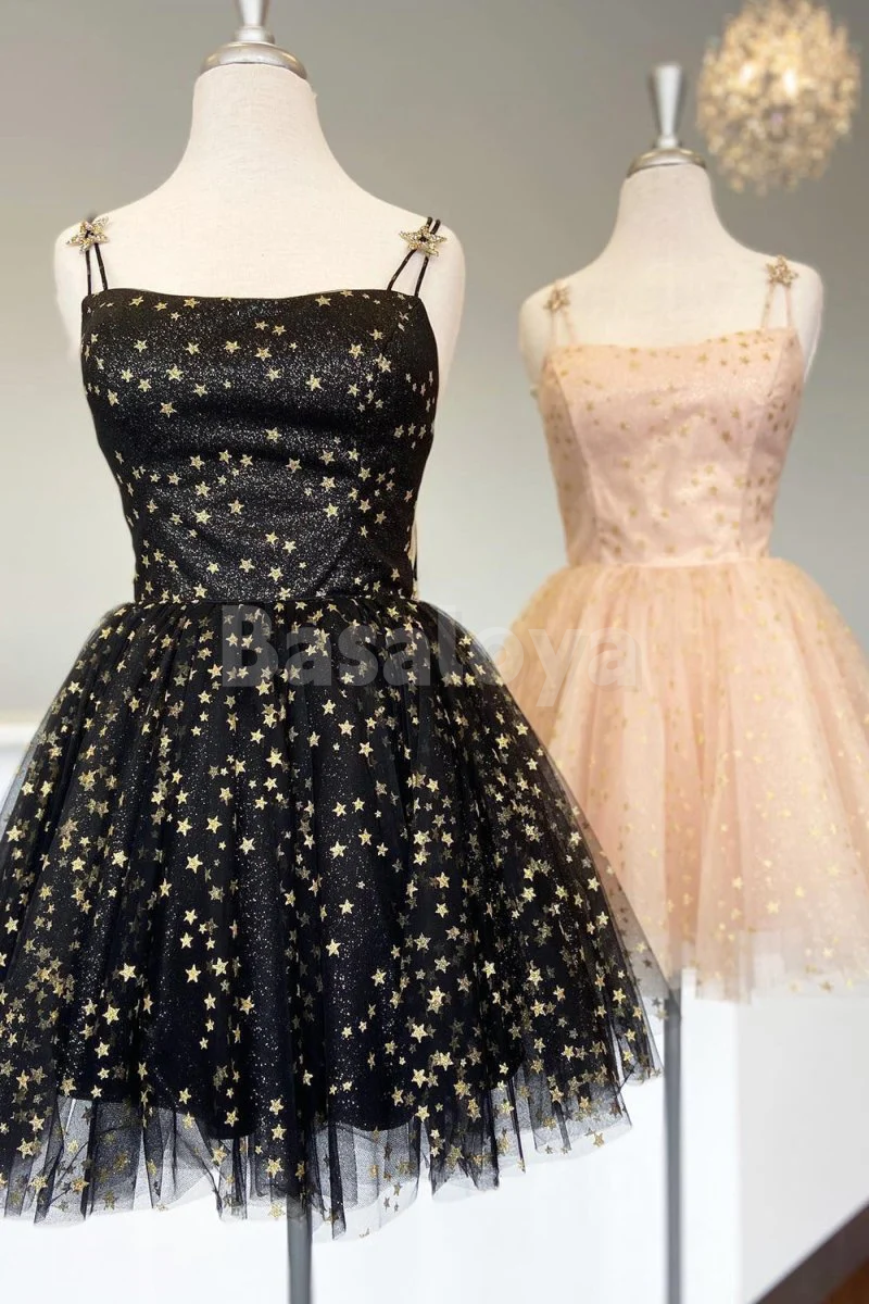 HM0149 Graceful Blush Spaghetti Straps A-Line Knit Star Mini Homecoming Dress