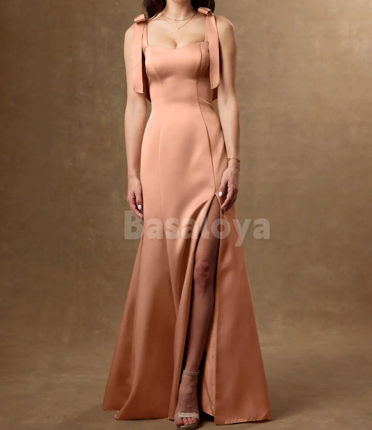 SP0274 Classic Pink Sweetheart Mermaid Side Slit Satin Prom Dress with Bows