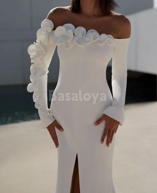 WD0164 Graceful 3D Floral White Long Sleeves Mermaid Wedding Dress with Slit