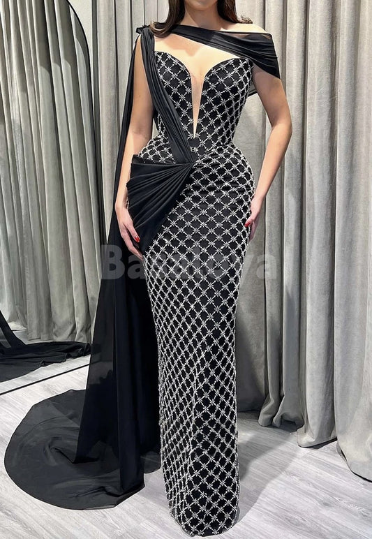 ED0058 Luxury Beaded Deep V-Neck Sheath Evening Party Dress with Train