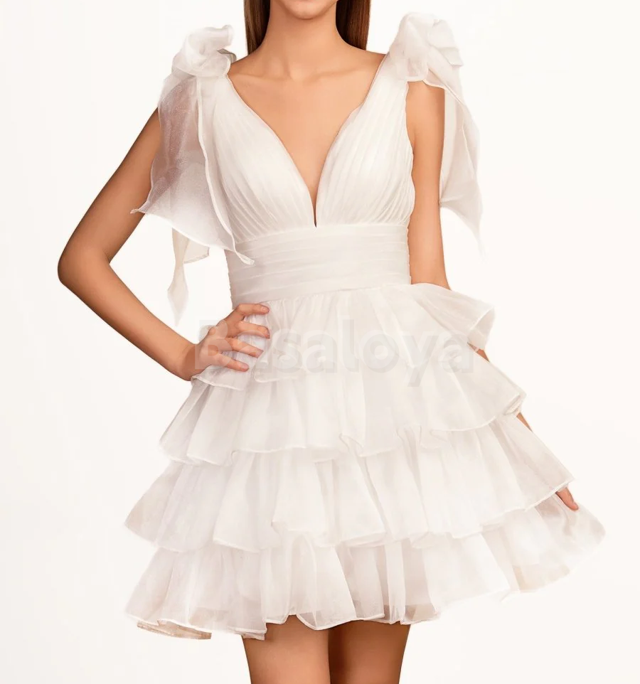 HM0135 Classic Black V-Neck A-Line Tiered Homecoming Gown with Bows