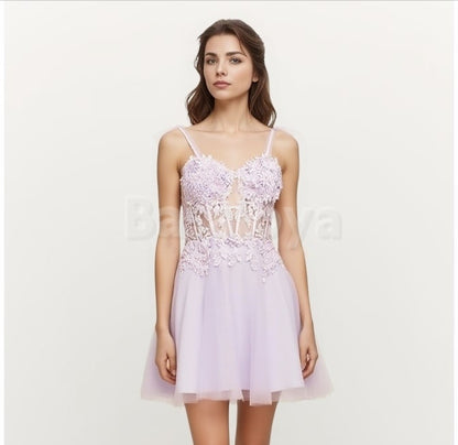 HM0035 Elegant Lavender 3D Floral A-Line Sweetheart Homecoming Dress