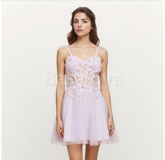 HM0035 Elegant Lavender 3D Floral A-Line Sweetheart Homecoming Dress