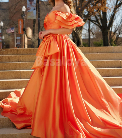 SP0189 Elegant Orange Off-Shoulder A-Line Pleats Prom Party Dress with Slit