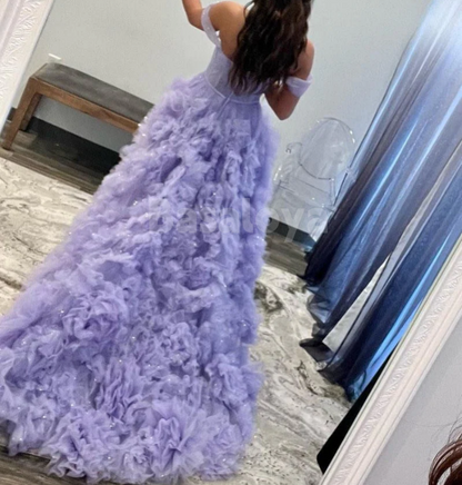 SP0193 Glamorous White Off-Shoulder A-Line Tiered Ball Gown Prom Dress