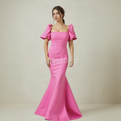 SP0059 Simple Pink Puff Sleeve Mermaid Satin Prom Formal Gown with Train