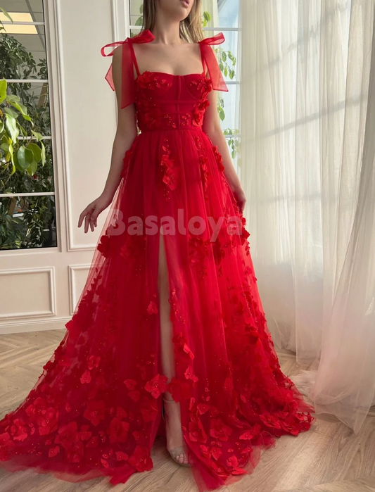 SP0155 Elegant 3D Floral Red A-Line Side Slit Prom Dress Party Gown with Bows