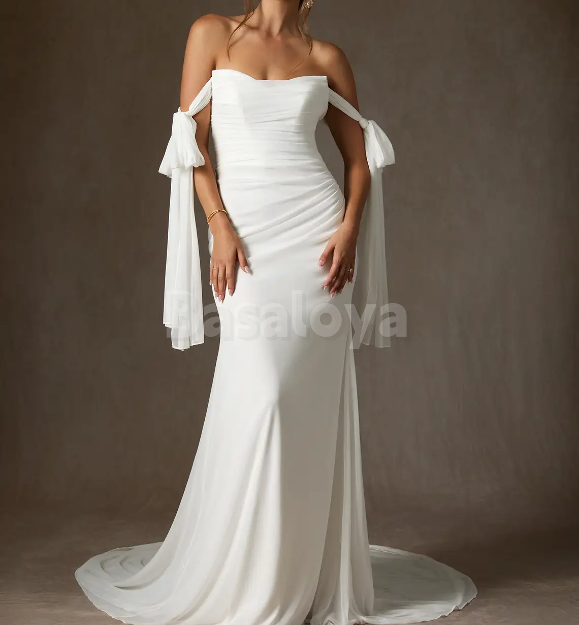 WD0107 Simple White Off-Shoulder Mermaid Bow Wedding Dress with Train