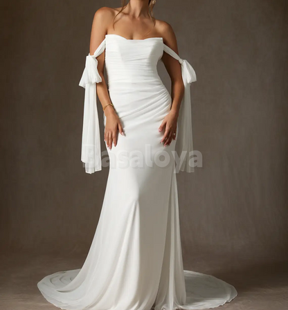WD0107 Simple White Off-Shoulder Mermaid Bow Wedding Dress with Train