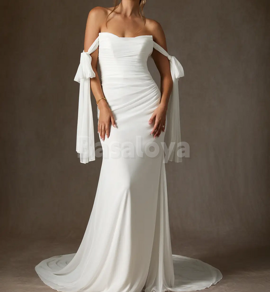 WD0107 Simple White Off-Shoulder Mermaid Bow Wedding Dress with Train