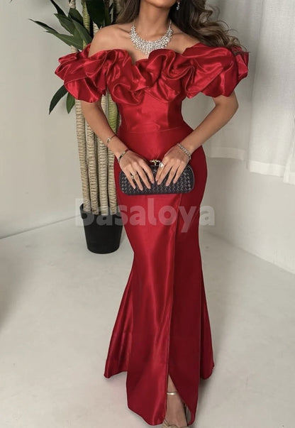 ED0076 Graceful Red Off-Shoulder Mermaid Satin Evening Dress Party Gown