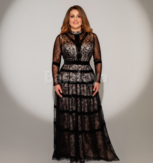 ED0117 Elegant Black Long Sleeves A-Line Evening Prom Dress with Applique