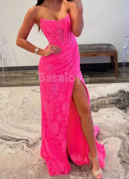 SP0143 Elegant Red Strapless Sheath Side Slit Prom Dress with Train