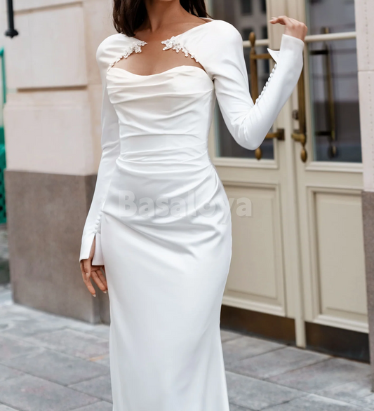 WD0157 Elegant White Long Sleeves Sheath Satin Wedding Dress Bridal Gown