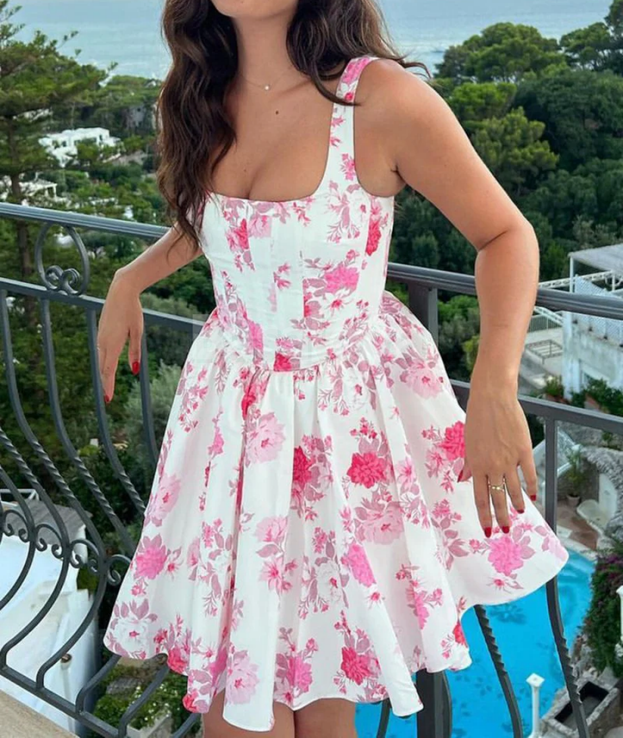 HM0030 Graceful Pink Printed A Line Square Neck Short Homecoming Dress
