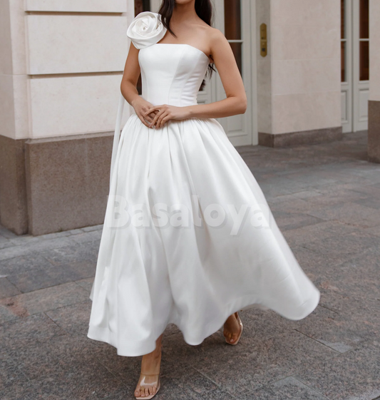 WD0169 Classic 3D Floral White One Shoulder A-Line Pleats Midi Bridal Gown