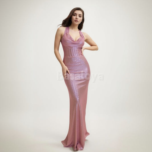 SP0034 Sparkly Pink Halter Neck Mermaid Glitter Knit Long Prom Party Dress