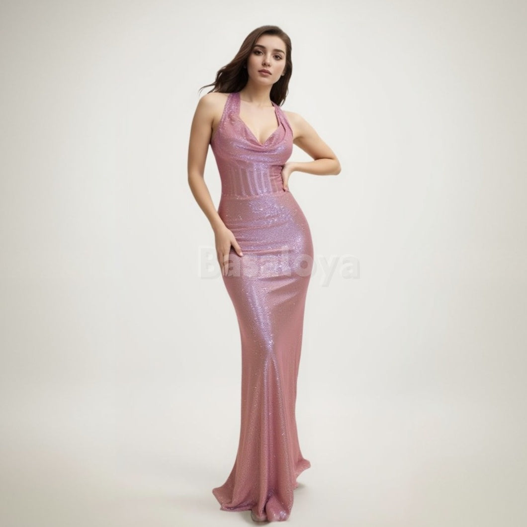 SP0034 Sparkly Pink Halter Neck Mermaid Glitter Knit Long Prom Party Dress